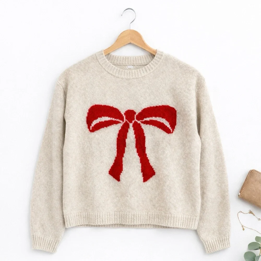 a new day Beige Sweater with Red Bow